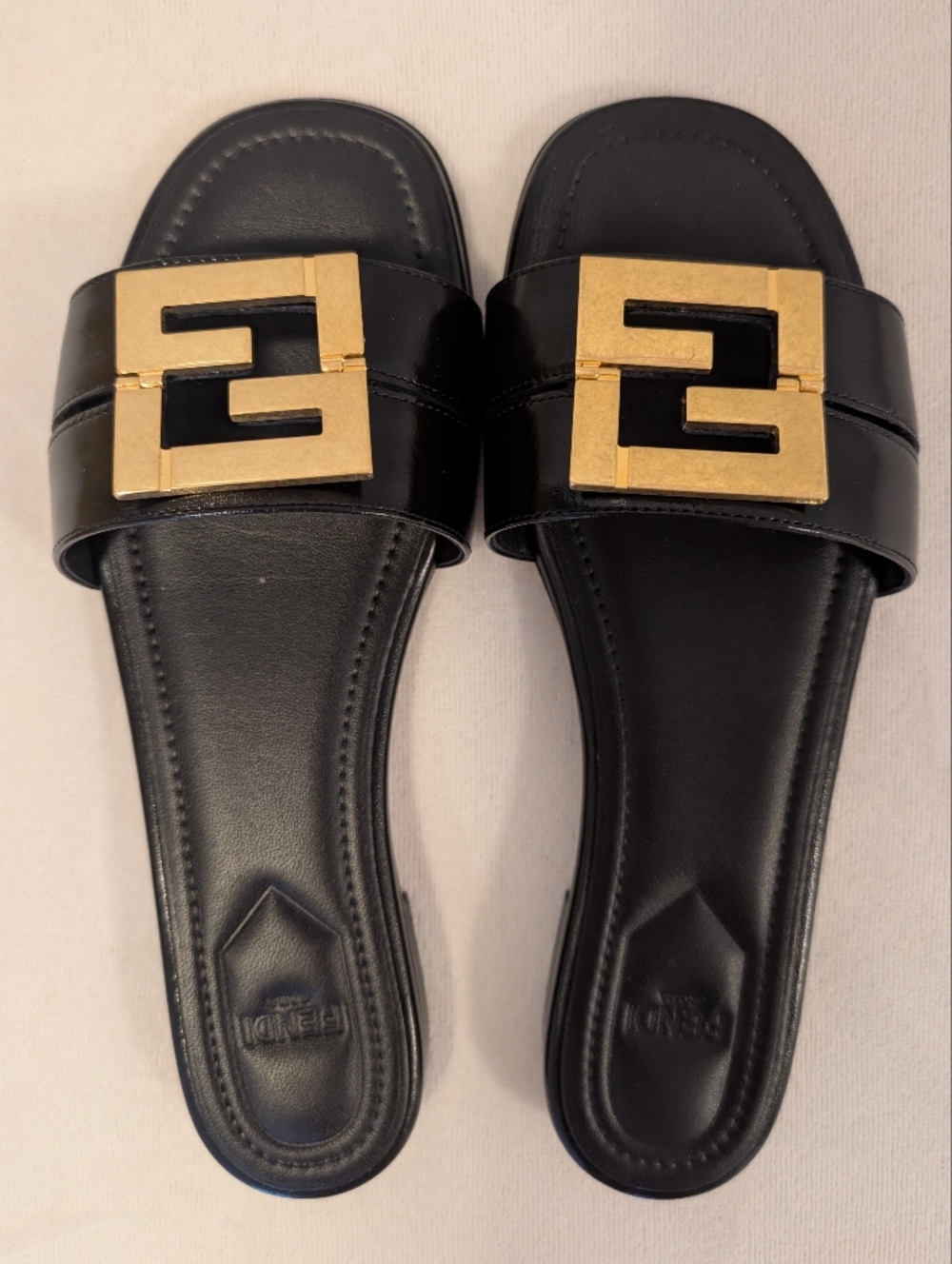 Fendi Black Leather Slides with Gold Double-F Logo - Picture 5 of 9